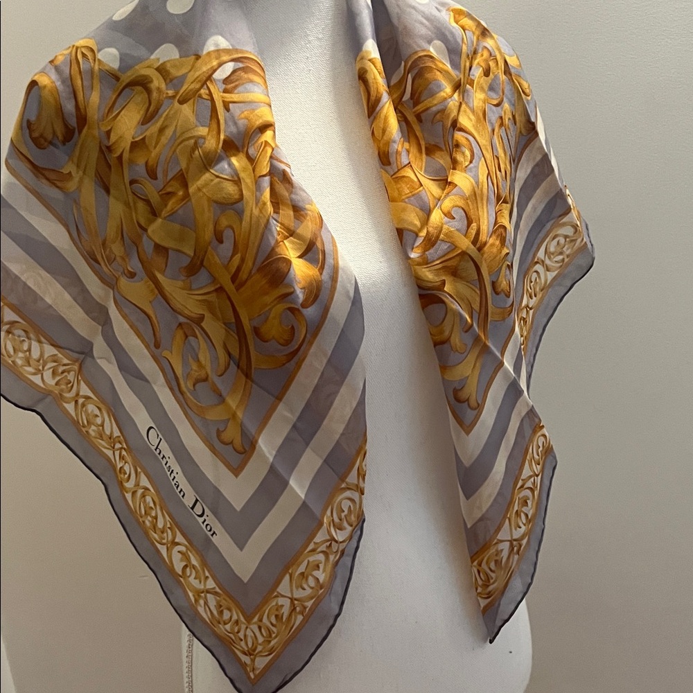 Dior Elegant Gold and Gray Scarf with Polka Dots - Picture 6 of 12